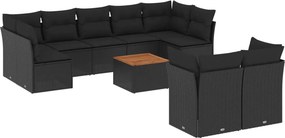 vidaXL 10 részes fekete polyrattan kerti ülőgarnitúra párnákkal