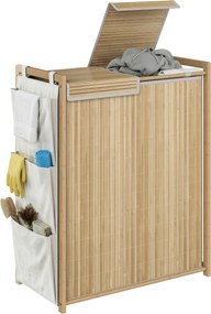 HOMCOM 120 l bambusz szennyeskosár fedéllel, 2 rekesz, levehető mosható zsinóros betétek, oldalzsebek, 63 x 33 x 78 cm, natúr | Aosom