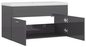 Magasfényű szürke szerelt fa mosdószekrény beépített kagylóval