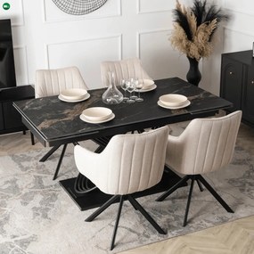 szett étkezőasztal IBIZA 160-240 cm fekete márvány/fekete és 4 szék MUMBAI krémszínű