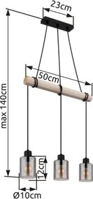 Globo 15465-3H Függeszték fém fekete matt, természetes színű fa, füstszínű üveg, körbetekerhető kábel, HxSzxM: 500x100x1400mm, 3x E27 40W 230V izzók nélkül