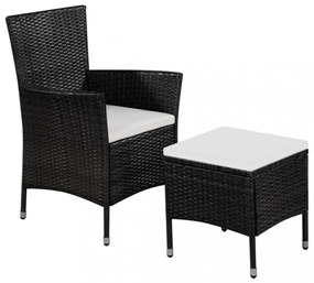 fekete polyrattan kültéri szék zsámollyal és párnákkal