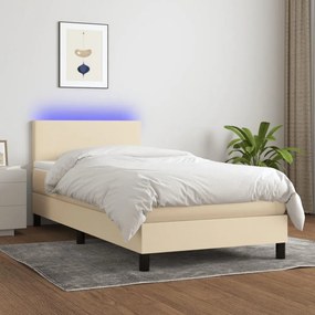krémszínű szövet rugós és LED-es ágy matraccal 90x200 cm