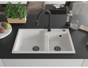Mexen Tomas, 2 kamrás gránit mosogató 800x500x190 mm és Elia mosogató csaptelep, fehér, 6516-20-670101-70