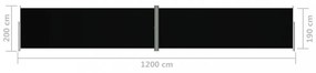 fekete behúzható oldalsó napellenző 200 x 1200 cm