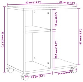 füstös tölgy színű szerelt fa kisasztal kerekekkel 50x30x55 cm