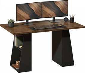 HOMCOM 55.1 in (140 cm) Computer Desk with 4 Open Shelves & Trapezoid Metal Frame — Brown Woodgrain / Black | Aosom