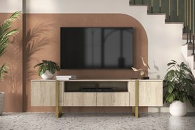 Verica 200 cm-es TV-szekrény nyitott polccal - szivacsos tölgy / arany lábak