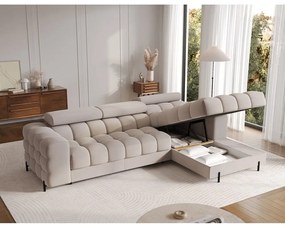 Bézs bársony kinyitható-tárolóhelyes sarokkanapé (jobb oldali-heverő résszel) Felro – ELTAP