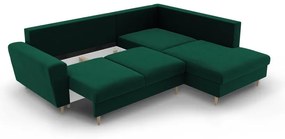 Zöld bársony kinyitható tárolóhelyes sarokkanapé (jobb oldali-L alakú) Kyoto – Cosmopolitan Design