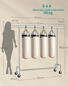 Nagy teherbírású gurulós ruhatartó, állítható 110–150 cm szélességgel, max. 130 kg, krómozott