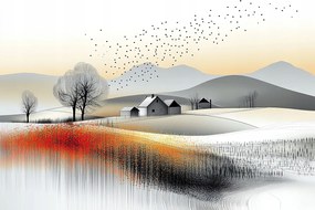 Vászonkép Canvas Tájkép Hegyek Dombok Falu Mezők Virágok Madarak 120x80