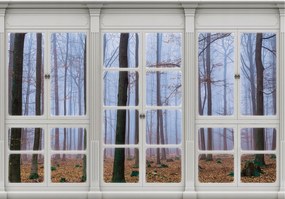 Fotótapéta Ködös téli erdő az ablakban vinil keret 208x146 +ragasztó