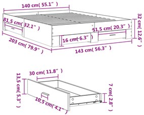betonszürke szerelt fa ágykeret fiókokkal 140x200 cm