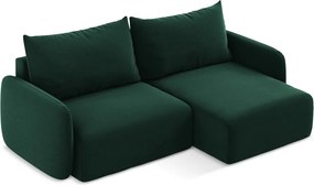 Sötétzöld bársony kinyitható-tárolóhelyes sarokkanapé (jobb oldali-heverő résszel) Kalena – Makamii