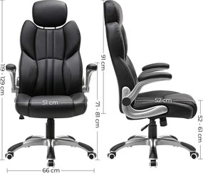 Ergonomikus irodai forgószék felhajtható karfákkal és állítható fejtámlával, fekete PU műbőr, 150 kg