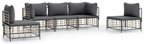 5 részes antracitszürke polyrattan kerti ülőgarnitúra párnákkal