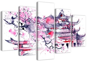 Gario Vászonkép Japán pagoda és cseresznyevirág - 5 részes Méret: 100 x 70 cm