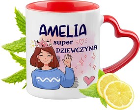 Piros bögre szív alakú füllel Amelia számára Ajándék
