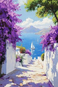 Vászonkép Canvas Görögország Santorini Utca Tenger Virágok Kilátás 40x60