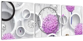 Kép a 3D absztrakció körökkel és virágokkal (órával) (90x30 cm)