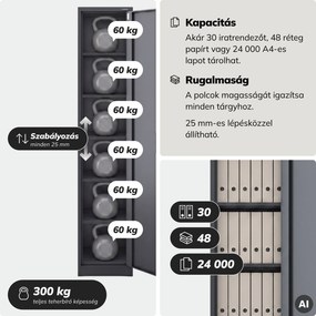 Kartoték irattároló szekrény kulcsra zárható magas antracit, 450x2200x400 mm: ALEX H2200