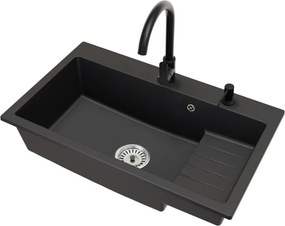 Gránit mosogató szifonnal és csepegtető felülettel, fekete, 80x48, RONA
