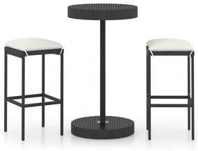 3 részes fekete polyrattan kültéri bárszett párnákkal
