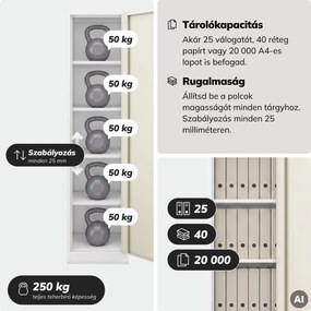 Fém irodai iratszekrény, fehér/sonoma tölgy, 450x1850x400 mm: ALEX Eco Design