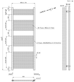 Egyenes törölközőszárító radiátor 1600x600 mm fekete