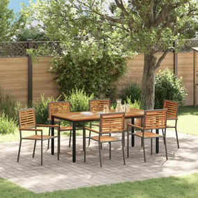 7 Darabos Kert Étkező Szett Szürke Polyrattan Akác, Összeépíthető Kerti Székek Párnákkal 2 db Szürke Polyrattan, Kerti Asztal 180x90x75 cm Szilárd Akác Fa és Fém