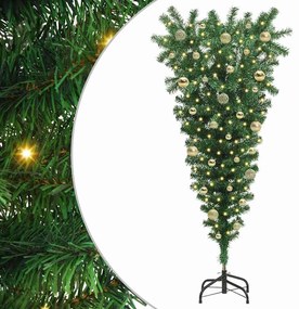 Felfelé álló műfenyő világítással és gömbökkel Zöld 150 cm PVC