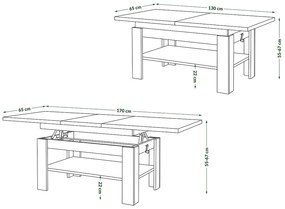 Mazzoni RIO Artisan Tölgy/Antracit (Sötétszürke) - NYITHATÓ/MAGASÍTHATÓ DOHÁNYZÓASZTAL POLCOS ÉTKEZŐASZTAL ÉS DOHÁNYZÓASZTAL EGYBEN