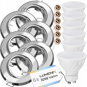 6x Szett GU10 10W Led izzó Mennyezeti lámpatest süllyesztett Króm Kerek