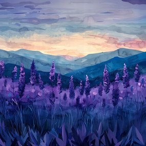 Vászonkép Canvas Levendula Hegyek Naplemente Lila Akvarell 40x40
