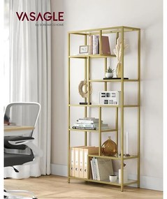 VASAGLE Könyvespolc, 6 szintes magas könyvszekrény 30 × 80 × 180 cm, fémes arany színben