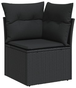 11 Darabos Kerti Kanapé Szett Párnákkal Fekete Poli Rattan Akác, 3 Darabos Kerti Étkezős Szett Párnákkal Fekete Poli Rattan Akác