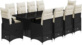 vidaXL 11 részes fekete polyrattan kerti bisztrógarnitúra párnákkal