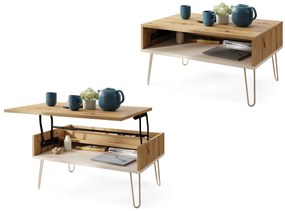 Mazzoni HAIRPIN S-90 Artisan Tölgy/Bézs (Pezsgő) - MODERN DOHÁNYZÓASZTAL MEGEMELHETŐ ASZTALLAPPAL + TÁROLÓRÉSSZEL + POLCCAL