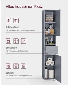 VASAGLE magas fürdőszobai szekrény 30×30×170 cm, misztikus szürke színben