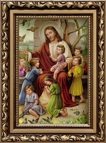 Vászonkép 19x14 Jézus Krisztus A Gyerekekkel Arany Díszített Fa Keret