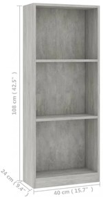 3 szintes betonszürke szerelt fa könyvszekrény 40x24x109 cm