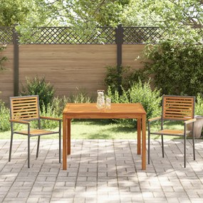 3 részes Kerti Étkező Garnitúra Szürke Poly Rattan Akác, Egymásra Rakható Kerti Székek Párnákkal 2 db Szürke Poly Rattan