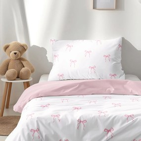 Goldea gyermek pamut ágyneműhuzat duo - rózsaszín masnik, púderrózsaszín hátoldal 150 x 200 és 50 x 60 cm