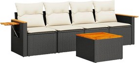 vidaXL 5 részes fekete polyrattan kerti kanapészett párnákkal