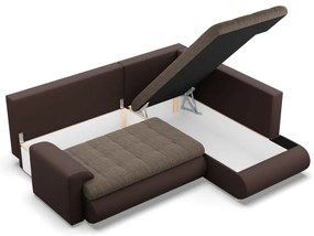 Tokio sarokkanapé, L alakú háttámlával, 2 ágyneműtartóval, fonott + műbőr, jobboldali, barna