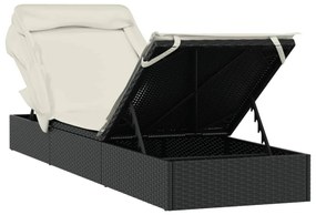 fekete polyrattan napozóágy összecsukható tetővel 213x63x97 cm
