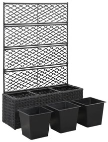 Fekete rácsos polyrattan magaságyás 3 kaspóval 83 x 30 x 130 cm