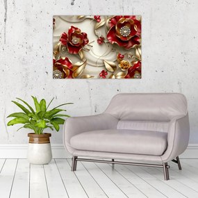 Üveg kép - 3D piros-arany virágok (70x50 cm)