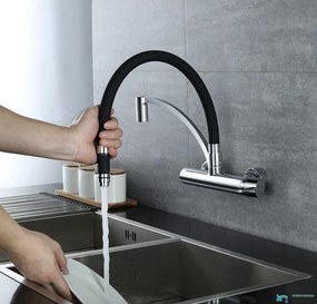 Konyhai csaptelep EYN WL1026 falra szerelhető kivitelben, kihúzható zuhanyfejjel, króm és további színváltozatokban — Fekete króm
